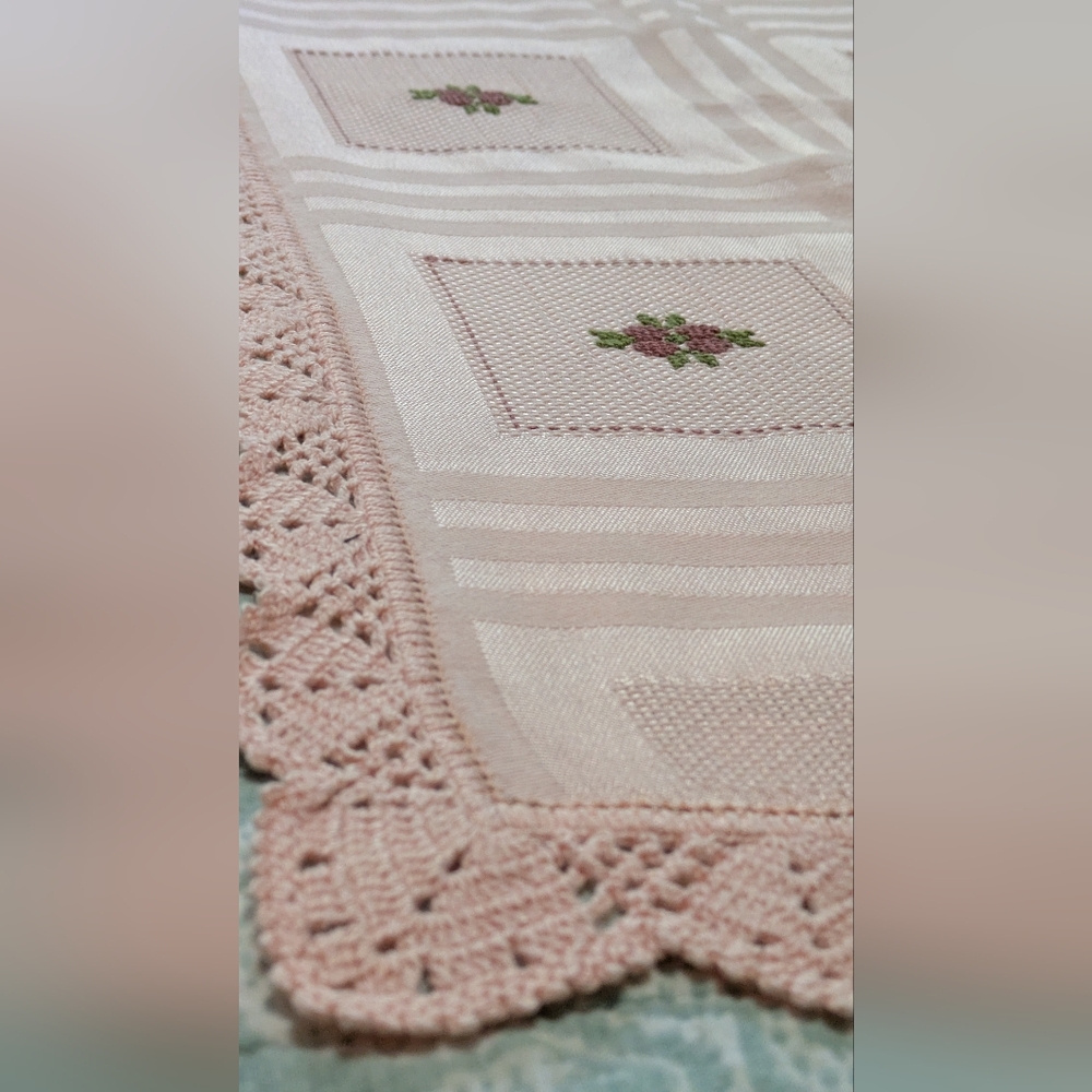 Unique Table Runner. Floral Needlepoint And Crochet Trim. Custom Made. 54x22"